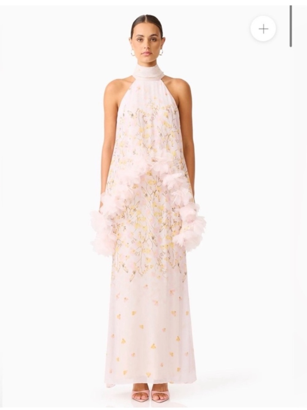 elliatt tulsia pink 3d floral trim hi-lo cape statement maxi dress size medium